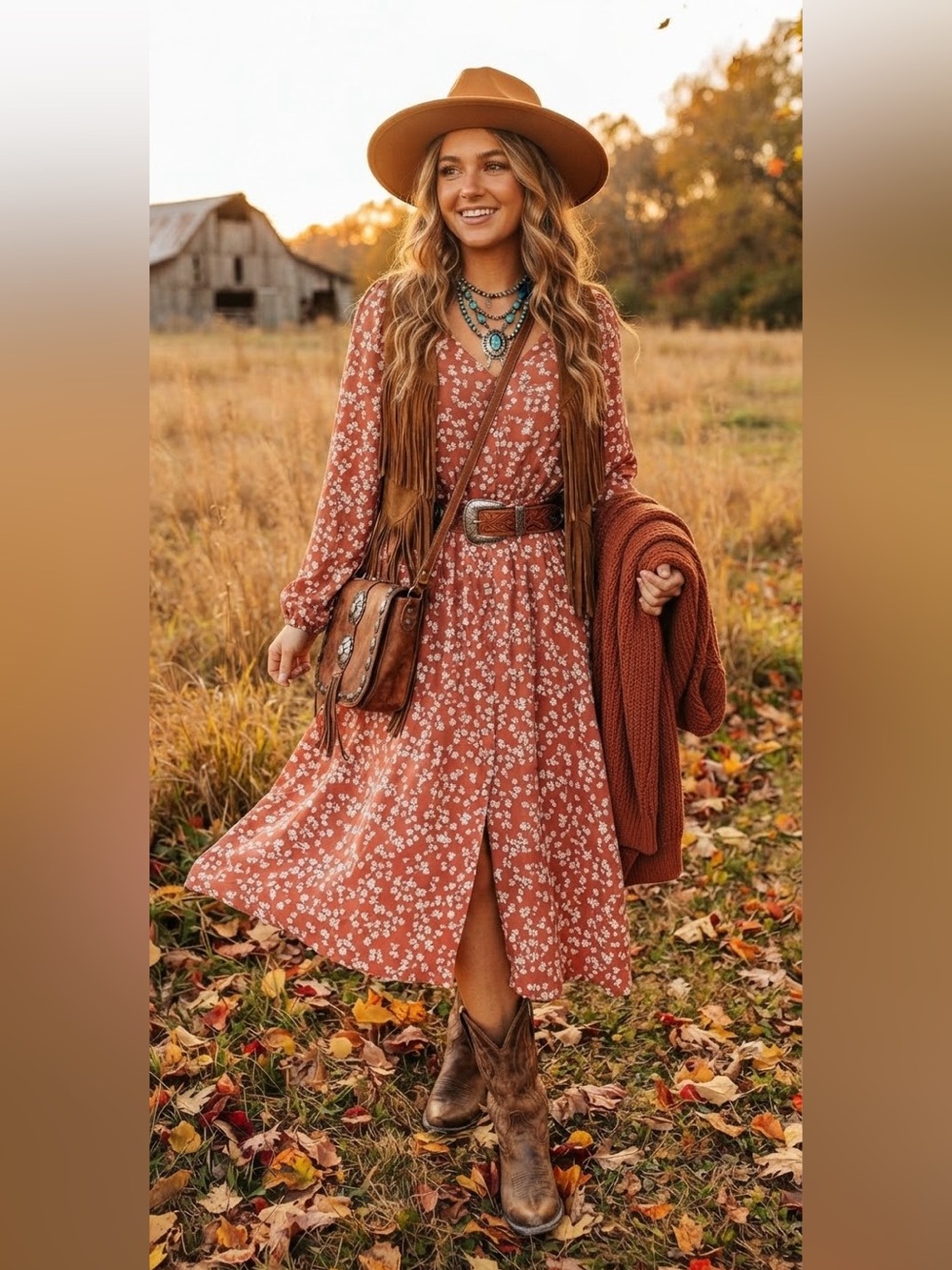 Índigo  Rose Rust Floral V-Neck Midi Dress with Long Sleeves size L fall ready